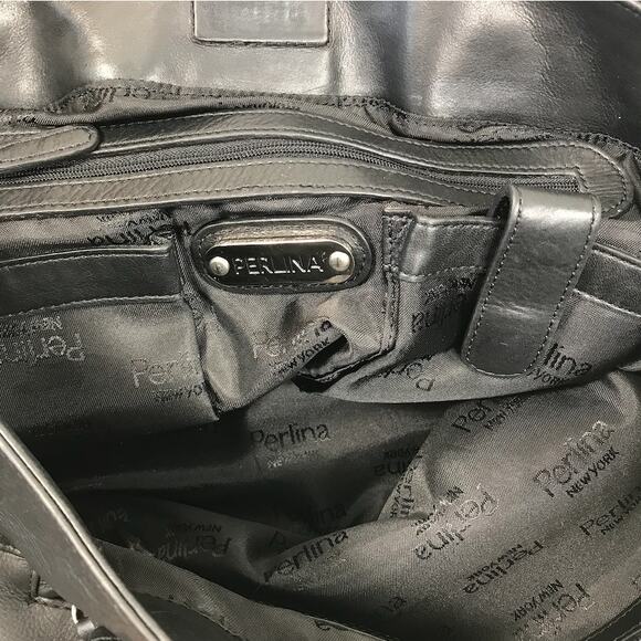 PERLINA NEW YORK Leather Tote Shoulder Bag Black Office Business Everyday Travel - Picture 11 of 11